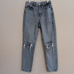 Topshop Mom Light Blue Denim Jeans Distressed High Waist Straight Leg - Size 28